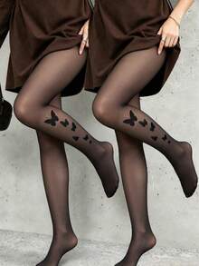 1 Pair Women Fall Black Tights, Butterfly Print Sheer Thin Semi-Sheer Stretchy Pantyhose, Elegant Style Skinny Tights For Daily Wear - Multicolor - View 9
