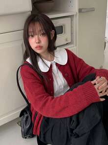 Women's Autumn/Winter Solid Color Drop Shoulder Long Sleeve Single-Breasted Casual Loose Cardigan - Red - View 4