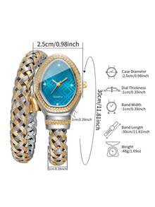 Women's Luxury Rhinestone Snake-Shaped Bracelet Watch, Woven Metal Double-Loop Band With Rhinestone Plaid Dial, Niche Fashion Quartz Wristwatch (1pc/Set), Watch Box Not Included - Multicolor - View 3