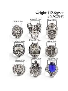 9pcs/Set American Street Punk Style Combination Rings, Niche Design Stackable Finger Rings Accessories For Men's Daily Casual Wear, Gift For Son, Father, Partner - Antique Silver - View 8