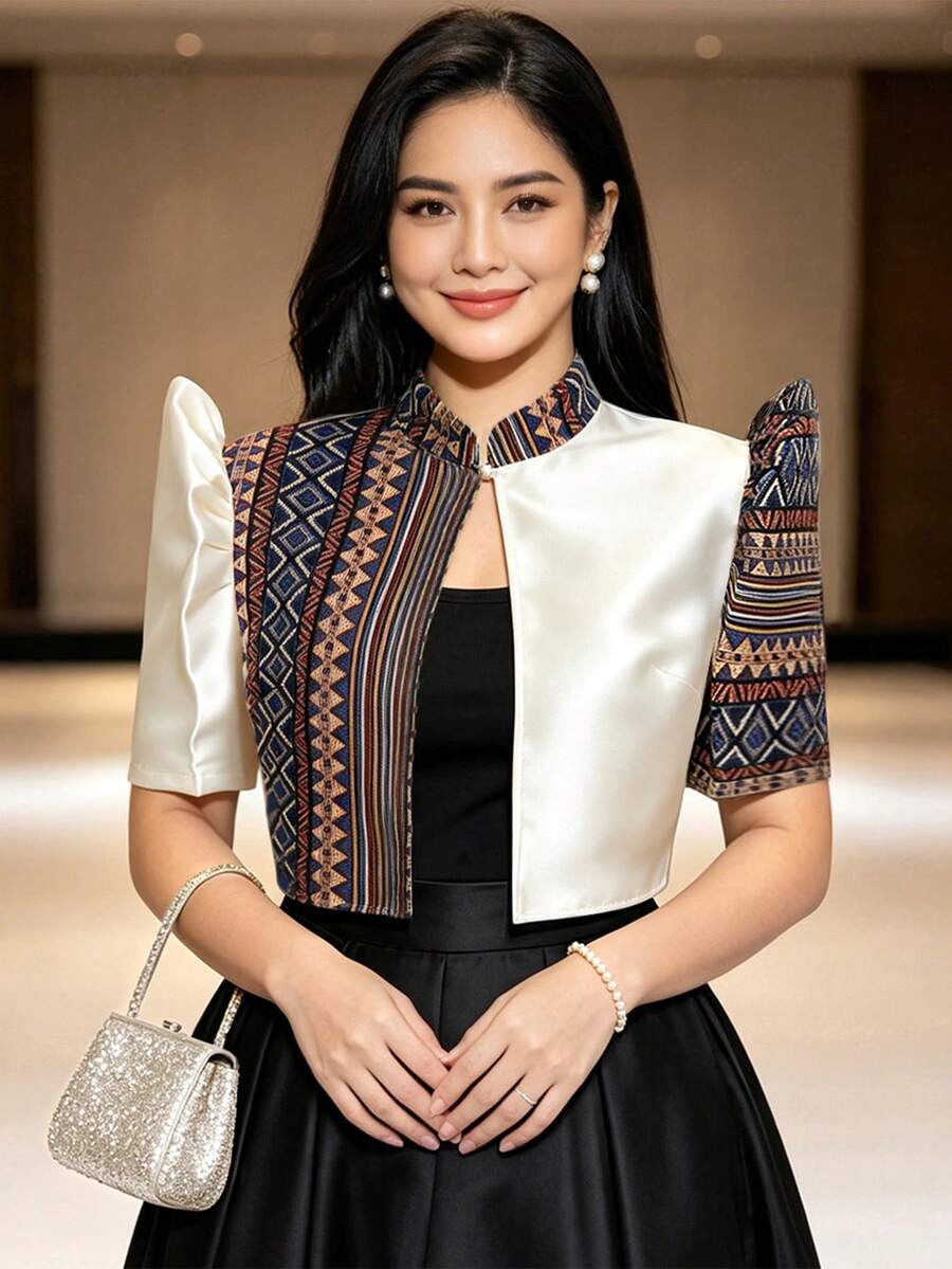 現代菲律賓風上衣 蝴蝶袖 Filipiniana 女款春夏印花立領泡泡袖短版襯衫 - 杏色 - 查看 1
