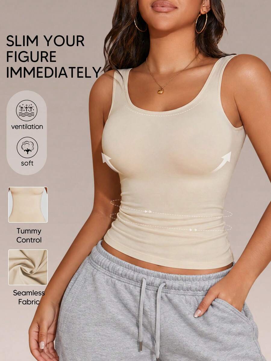 Women's Knitted Tank Vest Top Regular Length Scoop Neck Bodycon Basic Camisole With Medium Stretch Fabric For Casual Wear - Apricot - View 1