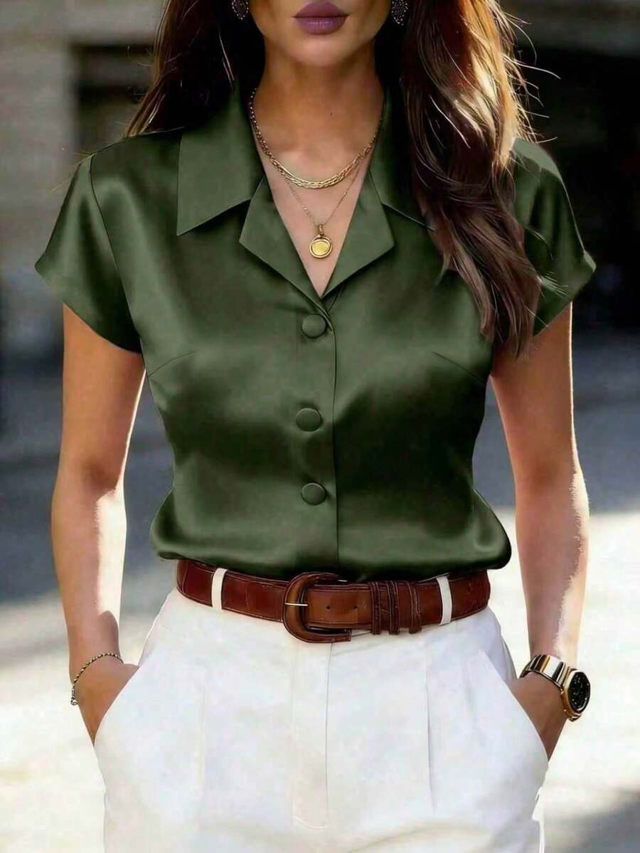 Women's Purple Satin Short Sleeve Shirt, Lapel Collar Design, Button Detail, Regular Fit Top Summer - Army Green - View 1