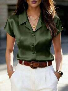 Women's Purple Satin Short Sleeve Shirt, Lapel Collar Design, Button Detail, Regular Fit Top Summer - Army Green - View 2