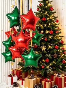 Christmas Red Green Star Foil Balloon Set,Shiny Hanging Party Ornaments,Festive Backdrop For Xmas Gathering,Holiday & Home Decor - View 6
