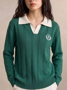 Teen Girls Colorblock Polo Collar Loose Knit Sweater Autumn Collegiate Style Badge Embroidery - Green - View 2