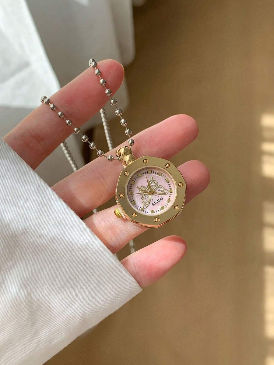 Women's Silver Necklace Quartz Watch, Gold Case With Pink Dial, Suitable For Daily Wear And Party Occasions - Silver - View 1