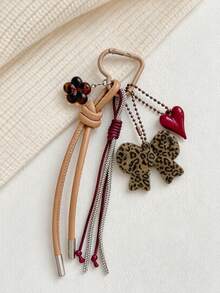 1pc Leopard Print Bow Tassel Bag Charm Amber Flower Heart Pendant Bag Accessory - Multicolor - View 5