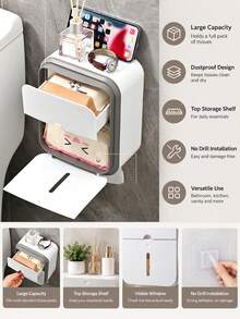 1pc/2pcs/3pcs Mixed Set (Tissue Box Main Product + Transparent Sticker Accessories) Large Capacity Wall-Mounted Drill-Free Tissue Box, Waterproof Drawer Storage Box, Suitable For Toilet Paper, Ideal Bathroom Decor Choice, Toilet Paper Holder, Bathroom Accessories, Toilet Paper Rack, Bathroom Shelf, Tissue Box, Bathroom Decoration - Multicolor Random - View 4