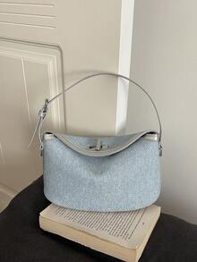 Vintage Denim Patchwork PU Baguette Small Handbag With Metal Lock Decor, Daily Commute Crossbody Shoulder Bag - Silver - View 11