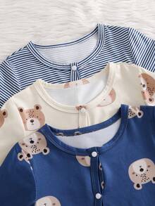 3pcs/Set Baby Cartoon Bear & Striped Print Long Sleeve Zipper Footless Rompers, Soft Breathable One-Piece Sleep & Play Jumpsuits, Suitable For Baby Boys - Blue - View 3