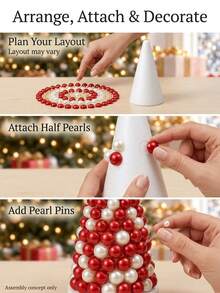 DIY Christmas Beaded Tree Kit, Pearl & Rhinestone Embellishment Craft Set, Handmade Holiday Tree Making Supplies With Foam Cone Base, Sparkling Tabletop Christmas Decor For Home, Party & Festive Celebrations - Standard - View 8