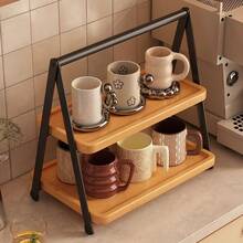 2‑Tier Metal & Wood Countertop Storage Rack, Desktop Mug Cup Organizer Shelf, Kitchen Counter Display Stand For Mugs, Cups And Small Kitchen Gadgets - View 2