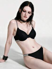 Lounge Court 1 Set Women's Ribbed Comfortable Underwire Bra And Thong Panty Set - Black - View 1