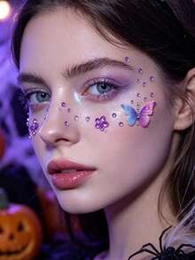 Tiebeauty 2pcs Blue-Purple Gradient Fabric Butterfly Face Rhinestone Sticker Set, 3D Flower Rhinestone Face Decor Stickers, Self-Adhesive Fairy Butterfly Face Jewels, Suitable For Music Festival, EDM Party, Cosplay, Christmas Party Makeup - Multicolor - View 3