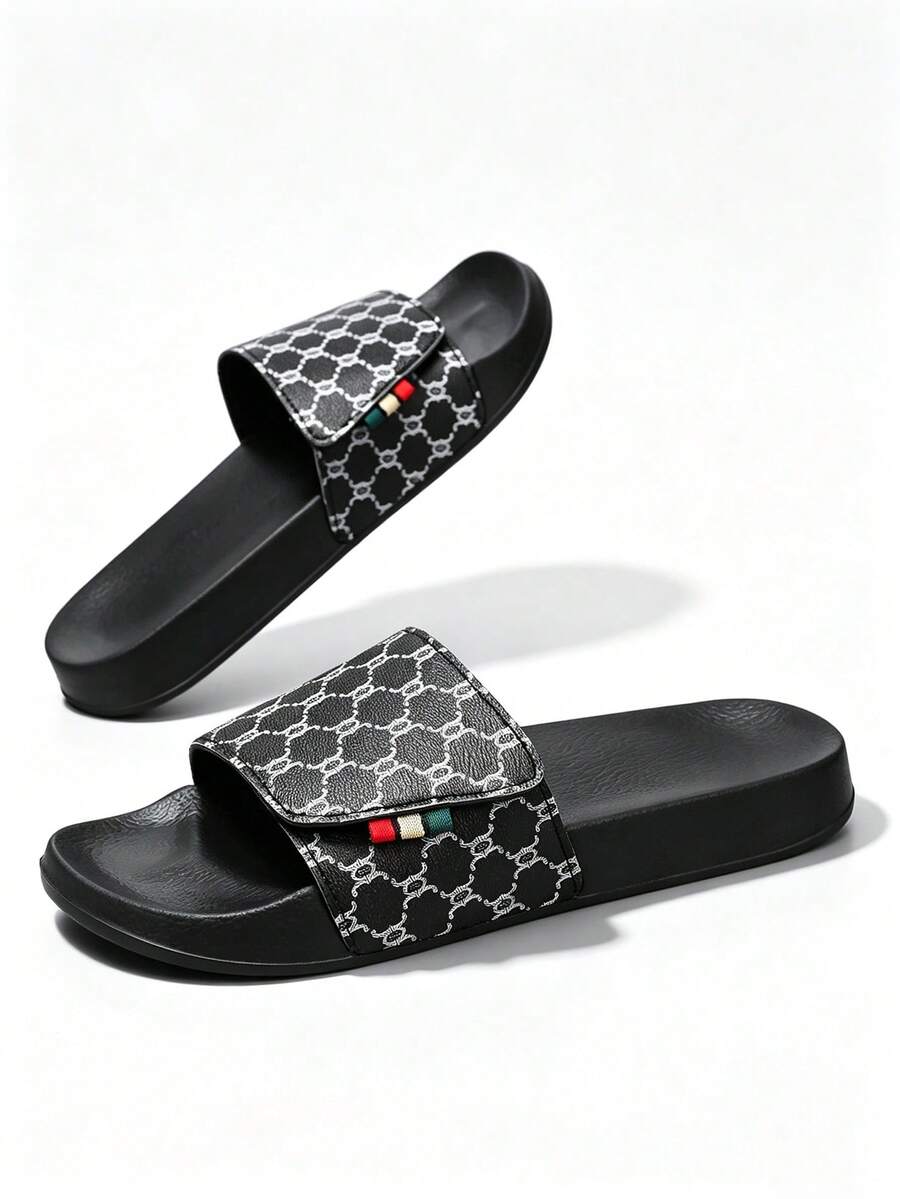1 Pair Vintage Plaid Pattern Slip-On Slides, Soft Sole, Bouncy, Suitable For Indoor, Outdoor, Beach And Other Scenarios, Couple Style, Adjustable Hook And Loop - Black - View 1
