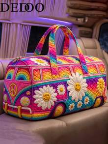 Dedoo 復古嬉皮露營車印花旅行包，和平符號與花卉週末托特包，女款休閒波希米亞風度假手提包（隨機手柄款式） - 彩色 - 查看 7