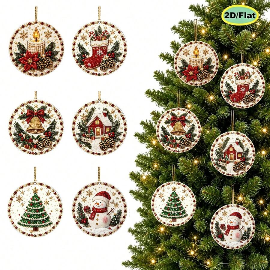 Set Of 6 DIY 5D Pearl Diamond Art Christmas Tree Ornaments, Round Shape Rhinestone Hanging Decorations, Snowman, Xmas Tree, House, Bell, Stocking, Candle Patterns, Holiday Handcraft Supplies For Christmas Decor & Gifts
