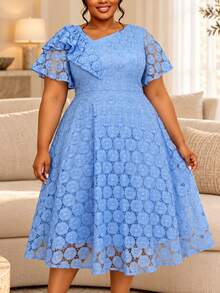 Elegant Plus Size Women Light Blue Floral Lace A Line Midi Dress Asymmetrical Neck Ruffle Short Sleeve Formal Church Wedding Guest Party Gown - Baby Blue - View 2