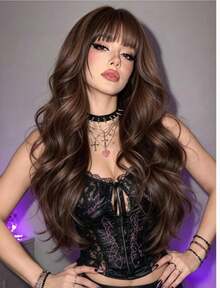 Pelucas sintéticas para mujer, cabello ondulado natural. Peluca negra larga rizada con flequillo,Pelucas Largas Rizadas con Flequillo para Mujer, 28 Pulgadas,Fibra Sintética Kanekalon Resistente al Calor, Cabello Ondulado Natural Negro/Marrón, sin enredos ni mal olor, para uso diario, cosplay, lolita y fiestas - Marrón - Ver 2