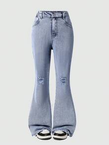 Girls' Vintage Washed Denim Jeans, Fashion Distressed Flare Leg Design, Streetwear, Campus, College Style - Blue - View 2