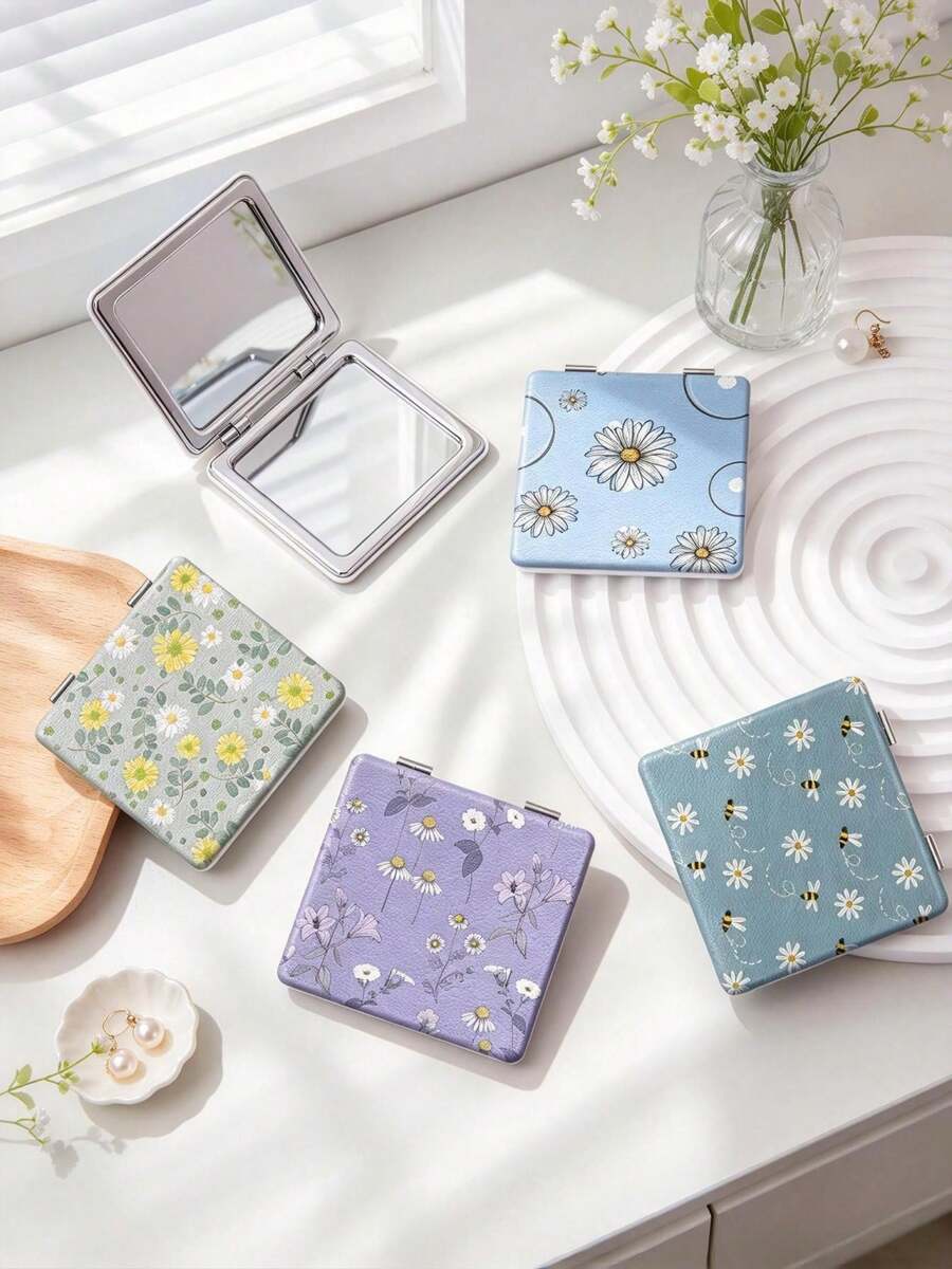 1PC British Country Style Portable Vanity Mirror, Foldable Lightweight Ultra-Thin Convenient Hand Mirror, PU Leather, Suitable For Multiple Occasions And All People, Foldable Small Square Mirror, Pocket Mirror, Fresh Daisy Lily Bee Printed Pattern Design, Exquisite Handheld 180° Flip Cover Multi-Function Mini Mirror Compact Mirror Mirrors, Daily Holiday Birthday Valentine's Day - Multicolor - View 1