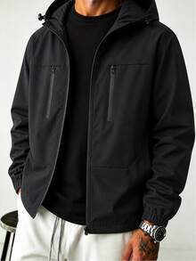 Men's Solid Color Hooded Jacket, Zipper Closure Functional Outerwear, With Zipper Decor Pockets, Plus Size Fit, Casual Long Sleeve Everyday Coat - Black - View 1