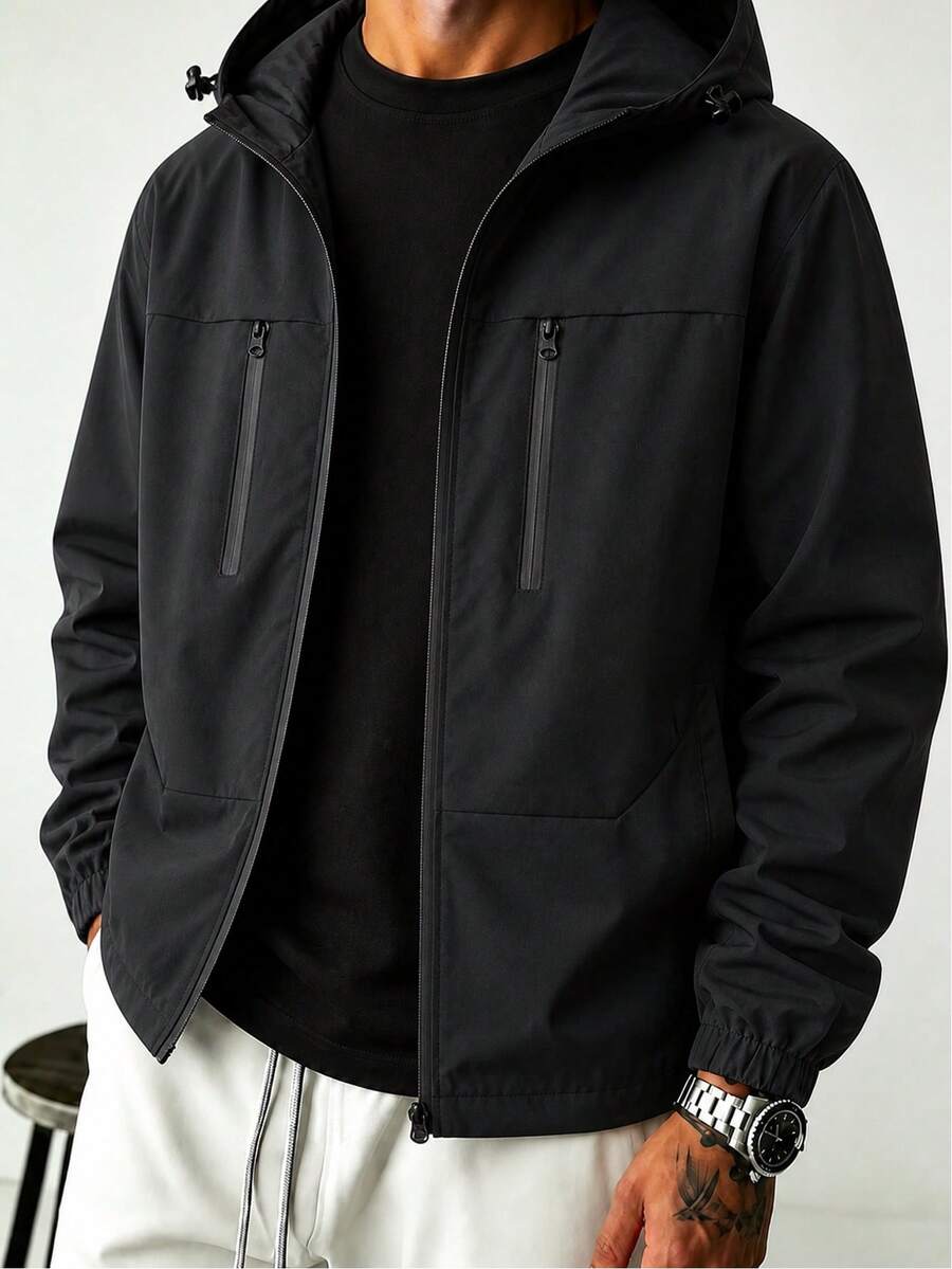 Men's Solid Color Hooded Jacket, Zipper Closure Functional Outerwear, With Zipper Decor Pockets, Plus Size Fit, Casual Long Sleeve Everyday Coat - Black - View 1