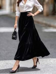 DONICY Women's Velvet High Waist Ruched Elastic Waistband Layered Ruffle Flowy Long Maxi Skirt - Black - View 6