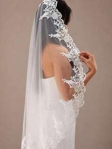 1pc Lace Wedding Veil, Fashionable Minimalist Bridal Veil, Fingertip Length Wedding Headpiece - A - View 3