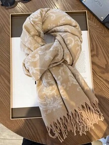 1件女款圖騰圍巾 2026秋冬新款韓式保暖護頸巾 百搭雙面仿羊絨披肩 - 駝色 - 查看 2