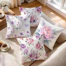 4pcs Watercolor Purple Floral Pillow Covers, Peony Branch Print Pattern Without Inserts, Single-Sided Printed Pillow Covers, Suitable For Living Room Bedroom Home Decor, All Season Pillow Covers - Multicolor - View 7