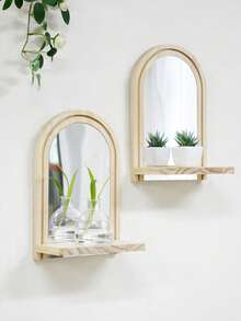 1pc/2pcs Wall-Mounted Mirror With Display Shelf, Minimalist Arch Style Light Tone Hanging Decorative Mirror For Entryway, Bedroom, Bathroom Wall Storage And Decor - Multicolor a - View 3