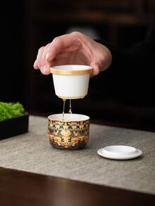 WEN ZHE Portable Chinese Style Tea Cup With Tea Strainer And Lid, 100ml Ceramic Travel Mug, With Storage Bag, Suitable For Outdoor Travel - Multicolor - View 5