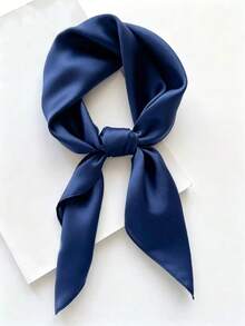 Women's Solid Color Square Silk Scarf, Fashionable Solid Color Silk Scarf, Multi-Functional Headband, Belt, Bag Strap - Navy Blue - View 1