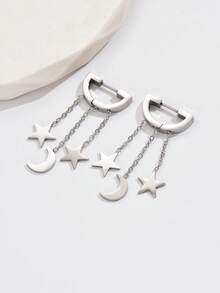 1 Pair Minimalist Metal Star & Moon Tassel Long Earrings For Women, Daily Commute, Date, Vacation, Atmospheric Jewelry - Multicolor - View 6