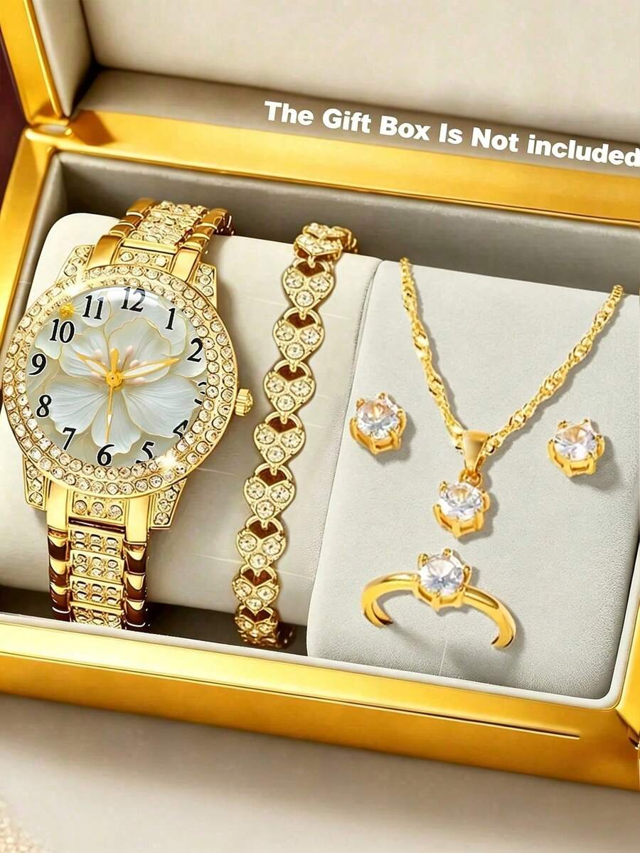 6件組女款全水鑽珠寶飾品套組，包含阿拉伯數字金色手錶與愛心造型飾品套組，奢華精緻、質感高級、優雅大方，適合派對、婚禮、日常出遊、國慶等場合，送給女性的完美禮物，生日與週年紀念首選，展現溫柔女性魅力與優雅氣質 - 金色 - 查看 1