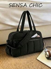 Travel Bag With Quilted Plaid Pattern, Ruched Hem And Metal Zipper Decor, Handheld And Crossbody Multi-Compartment Storage For Clothes And Digital Accessories, Zipper Closure, Minimalist Puff Style, Travel And Gym Bag, Unisex Short Trip, Sports And Commute, Practical Luggage Bag - Black - View 7