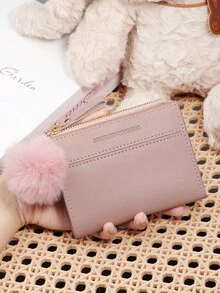 Dompet Pendek Wanita dengan Hiasan Pom Pom yang Halus, Dompet Kotak Resleting, Tempat Penyimpanan Kartu Kredit Pendek, Cocok untuk Dibawa Saat Bepergian - Lilac Purple - View 9