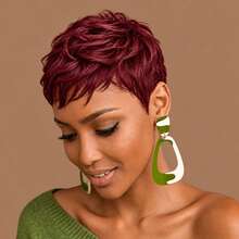 1B Black, 99J Burgundy, 4# Brown Colorful Brazilian Human Hair Short Pixel Wig, Suitable For Daily Fashion Layered Short Hair With Bangs, No Front Band, Ready-To-Wear Human Hair Wig - Multicolor - View 7