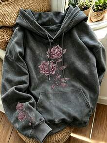 Vintage Floral Rose Pattern Women's Loose Washed Sweatshirt, Long Sleeve Drawstring Kangaroo Pocket Casual Pullover Sweatshirt - Black - View 1