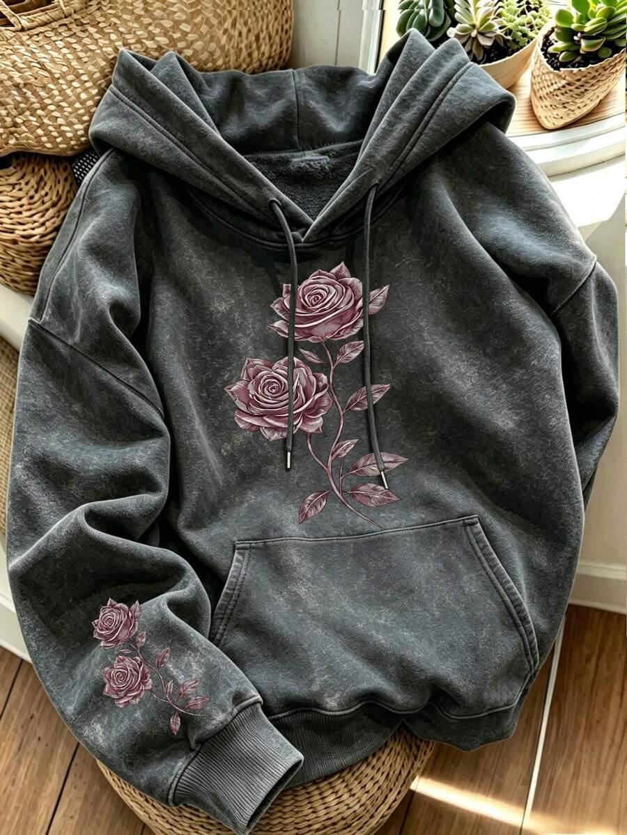 Vintage Floral Rose Pattern Women's Loose Washed Sweatshirt, Long Sleeve Drawstring Kangaroo Pocket Casual Pullover Sweatshirt - Black - View 1