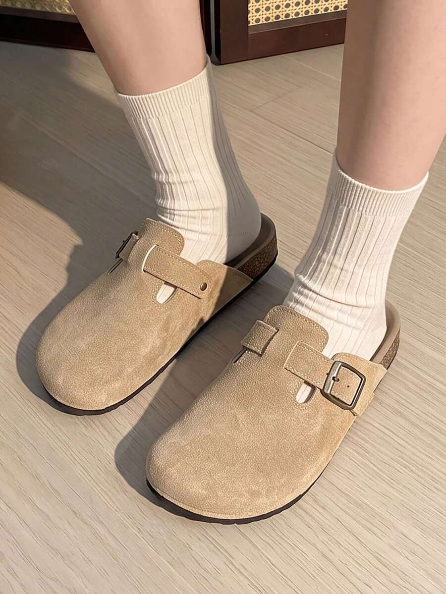 Women's Vintage Suede Adjustable Buckle Closed-Toe Half-Slip-On Casual Versatile Slouchy Mule Slippers - Khaki - View 1