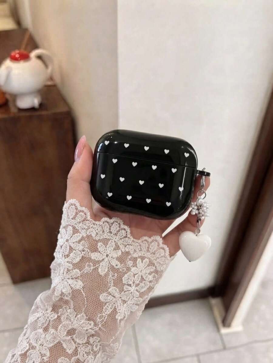 Heart Print Earphone Protective Case, With Heart Pendant, Wireless Earphone Anti-Drop Protective Cover, Suitable For Pods 1/2/Pro/3/Pro 2/4/Pro 3 - White Small Heart Polka Dot + Pendant - View 1