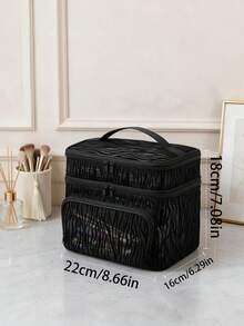 1pc Black Mesh Double Layer Makeup Bag, Large Capacity Multi-Compartment Design, Breathable Toiletry Bag, Portable Storage Bag, Suitable For Daily Use And Travel - Black - View 5