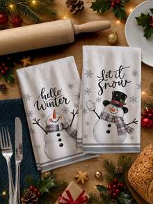 2pcs Watercolor Gray Cute Snowman Snowflake Text Pattern Kitchen Towels, 40*60cm Soft Microfiber Material Tea Towels, Suitable For Home Kitchen Restaurant Outdoor Camping Tabletop Cleaning Dish Cloth Hand Towel Accessories, Christmas Theme Kitchen Linen Towels Holiday Gift - Multicolor - View 9