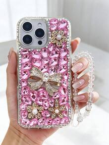 適用於 iPhone 14 17 18 Pro Max、Galaxy S25 S26 Ultra 的手機殼，粉色水鑽蝴蝶結裝飾附鏈條，閃亮水晶手機保護殼，甜美派對配件，適合女性女孩 - 粉色+掛繩 - 查看 3