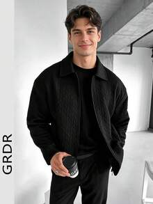 GRDR Solid Color Textured Lapel Zip-Up Men's Vintage Casual Knit Cardigan - Black - View 3