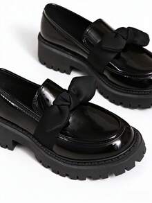 Women's Comfortable Round Toe Slip-On Loafers With Bow Decor And Chunky Heel, Suitable For Office Work And Casual Wear - Black - View 6