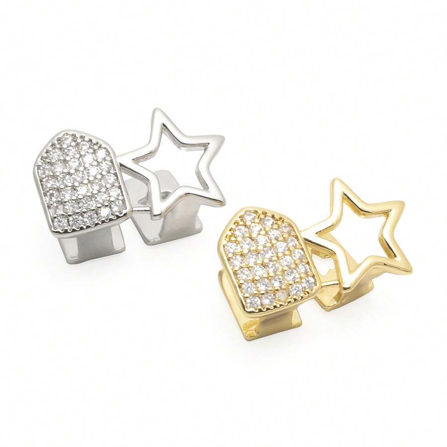 Hot-Selling 2pcs Hollow Five-Point Star Full Rhinestone Grillz, Hip Hop Rap Gold Teeth Accessory - Multicolor - View 1